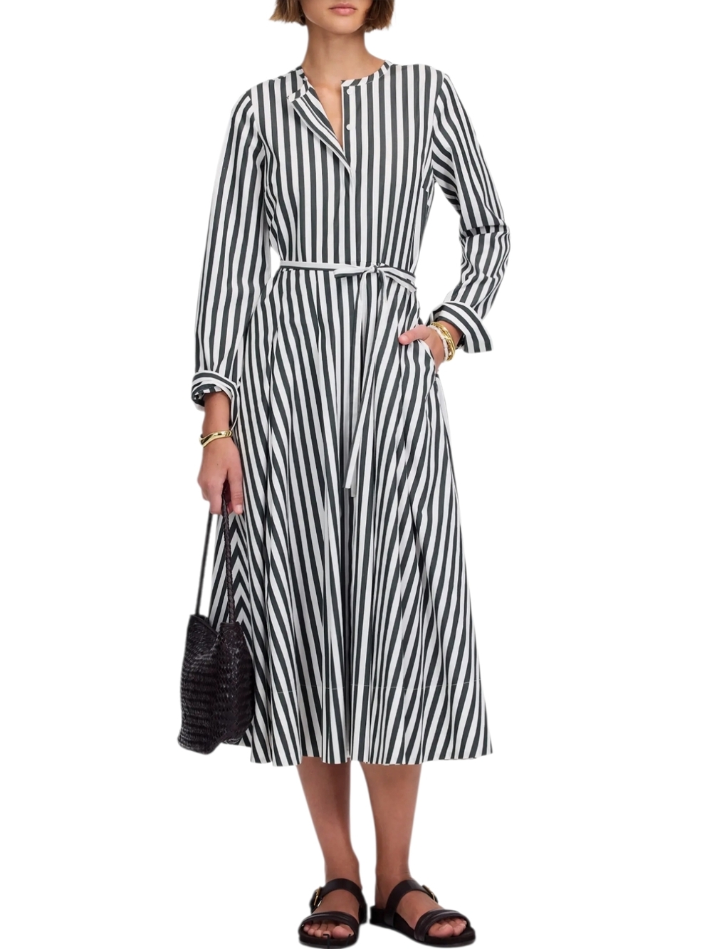 Madewell Janis Stripe Long Sleeve Cotton Poplin Shirtdress In Deep Forest